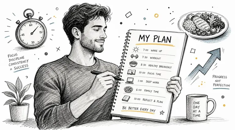A man smiling while looking at his personal daily schedule plan in a notebook illustration.