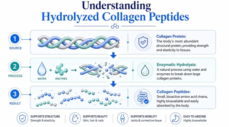 An infographic showing the three steps to creating hydrolyzed collagen peptides, including the process of enzymatic hydrolysis.