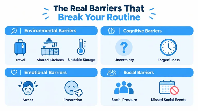 An infographic titled The Real Barriers That Break Your Routine, categorizing challenges into environmental, cognitive, emotional, and social obstacles.