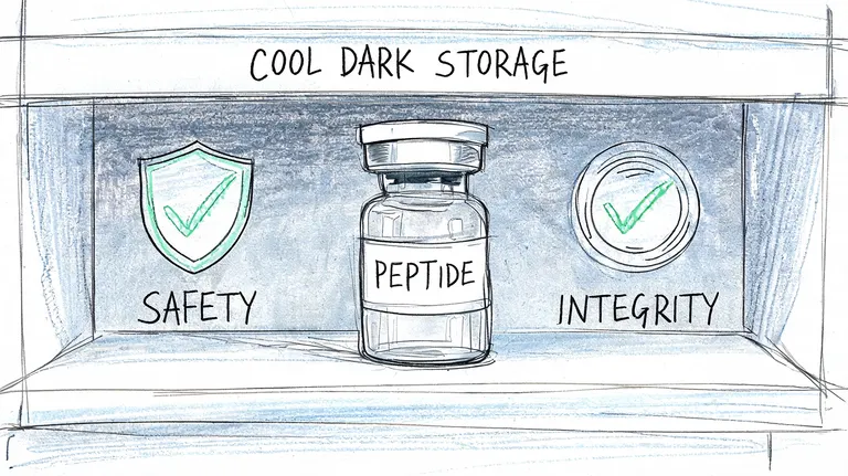 A conceptual sketch illustrating cool dark storage for a peptide vial, highlighting safety and product integrity benefits.