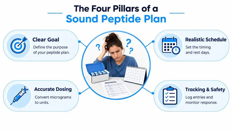 A woman looks confused while planning a peptide regimen, illustrating the four pillars for successful peptide therapy.