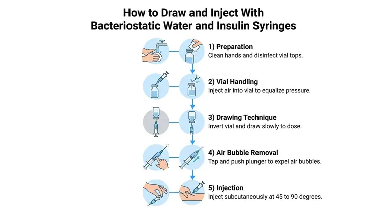 A five-step instructional guide on how to safely draw and inject substances using bacteriostatic water and insulin syringes.