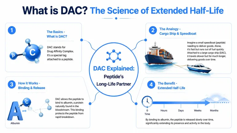 An infographic explaining Drug Affinity Complex (DAC) technology, showing how it extends peptide half-life using albumin binding.