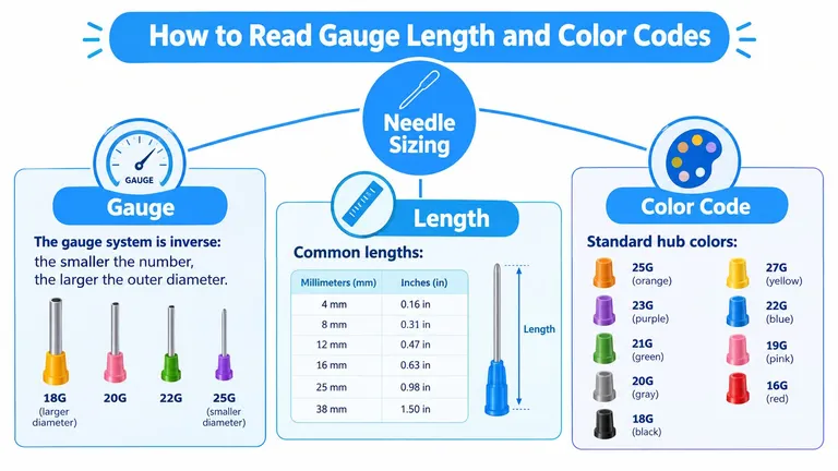 An infographic explaining how to read medical needle gauge, length measurements, and industry-standard hub color coding.