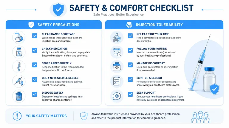 A safety and comfort checklist for injection procedures, covering preparation, hygiene, administration, and professional medical guidance.