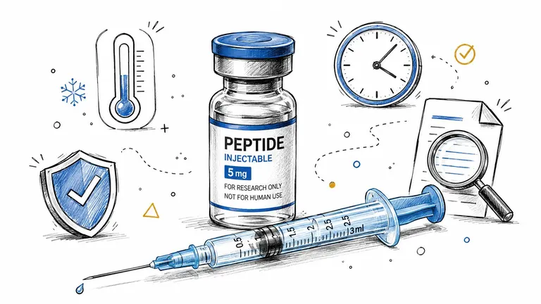 A sketched illustration showing a peptide injectable vial, a syringe, a thermometer, a clock, and a document.