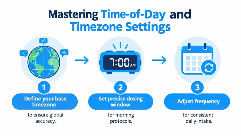 An infographic illustrating three steps for mastering time-of-day and timezone settings for medical or health routines.