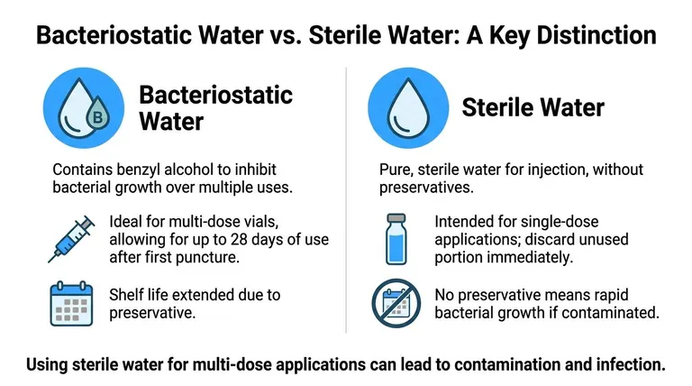 A comparison chart explaining the differences between bacteriostatic water and sterile water for medical injection use.