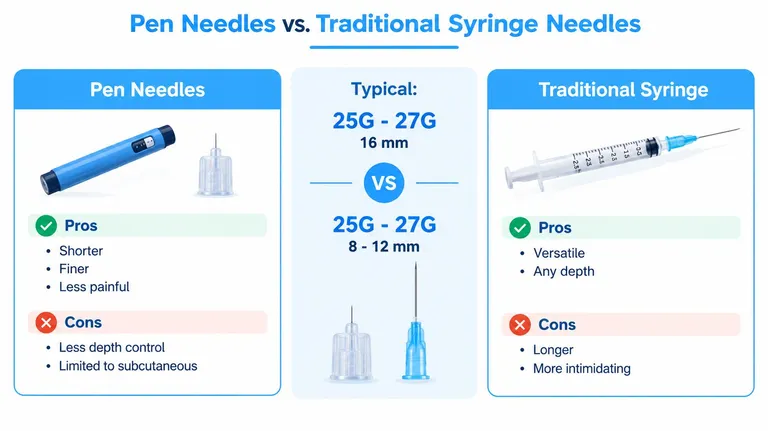 A comparison chart showing the differences between pen needles and traditional syringes including pros and cons.