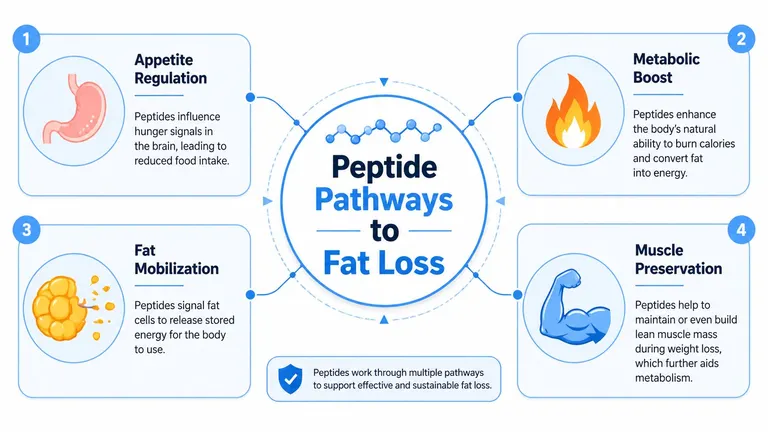 A diagram illustrating four biological pathways for fat loss including appetite regulation, metabolic boost, fat mobilization, and muscle preservation.