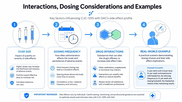 An infographic showing factors influencing CJC-1295 with DAC side effects including dose size, frequency, and interactions.