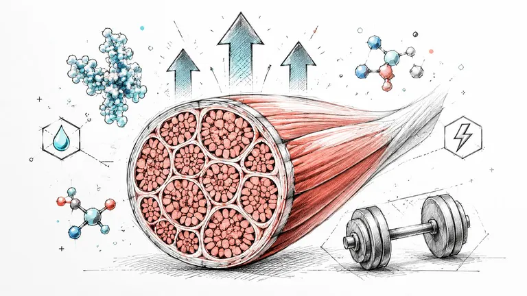 An artistic illustration of human muscle tissue with molecular structures, a water drop, and a weightlifting dumbbell.