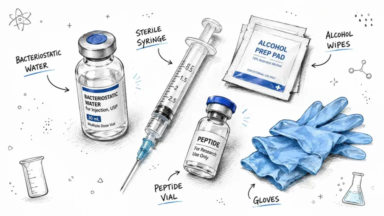 Medical supplies including bacteriostatic water, a sterile syringe, peptide vial, alcohol prep pads, and blue latex gloves.