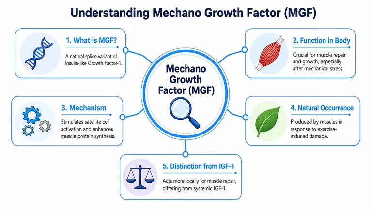 An infographic titled Understanding Mechano Growth Factor explaining its definition, function, mechanism, occurrence, and distinction from IGF-1.