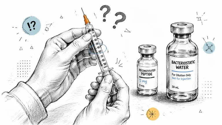A hand holding a syringe next to vials of reconstituted peptide and bacteriostatic water for medical preparation.