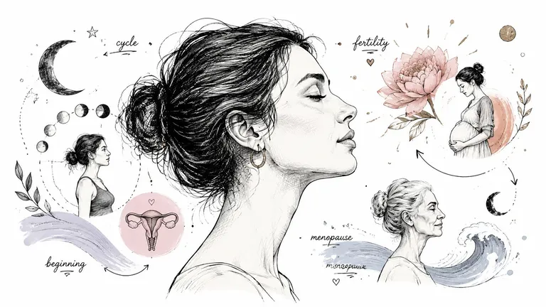 An artistic illustration depicting the female life stages from menstruation and fertility to pregnancy and menopause.