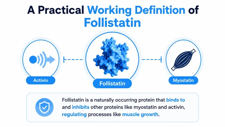 An infographic titled A Practical Working Definition of Follistatin explaining its role in inhibiting activin and myostatin.