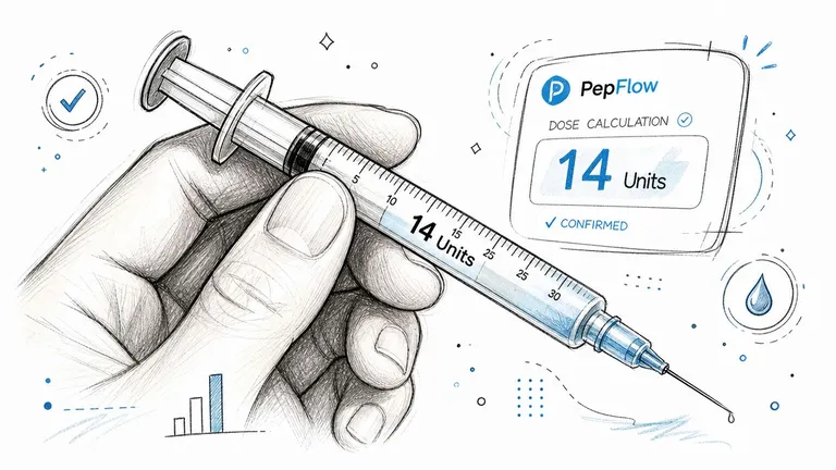 A hand holding a syringe with a confirmed dose of 14 units displayed on a digital screen.