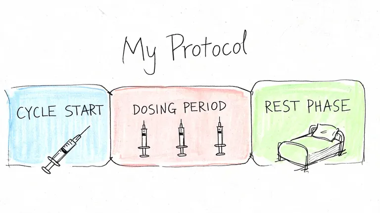 A hand-drawn illustration showing a medical cycle protocol with a start phase, dosing period, and rest phase.