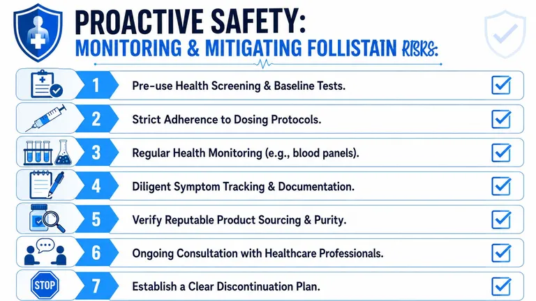 A safety infographic detailing seven essential steps for monitoring and mitigating health risks associated with using follistatin.