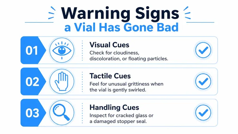 A visual guide outlining three warning signs indicating that a medication vial has gone bad.