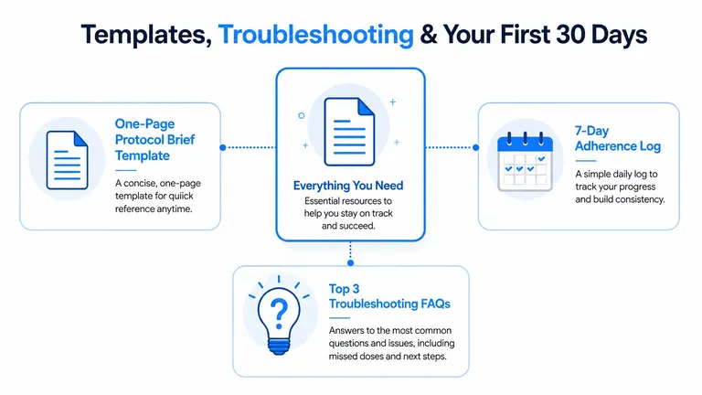 A diagram outlining templates, troubleshooting resources, and a 30-day tracking log to help you stay on track.