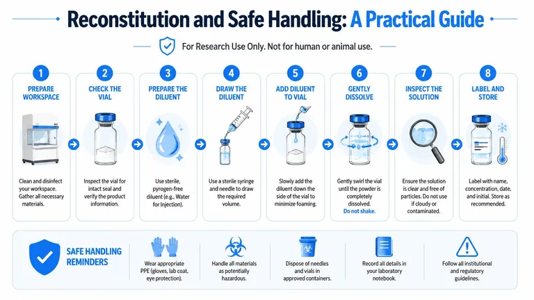 An eight-step infographic illustrating the safe procedure for reconstituting and handling research-grade vials in a laboratory.