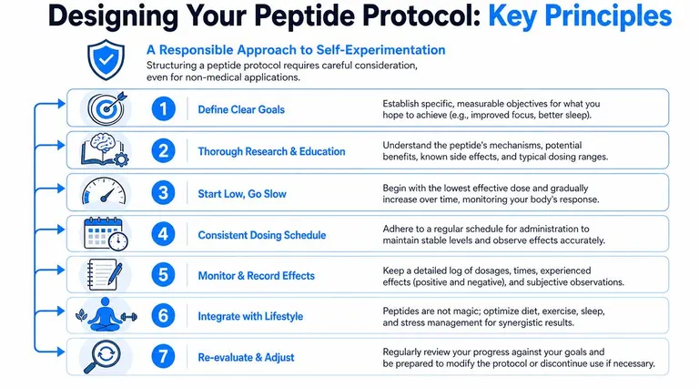 An infographic detailing seven key principles for designing a responsible and safe personal peptide protocol.