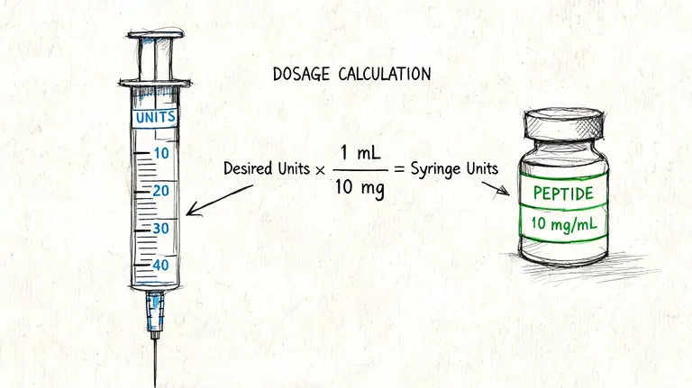 A diagram illustrating the dosage calculation formula for drawing peptide medication into a medical syringe.