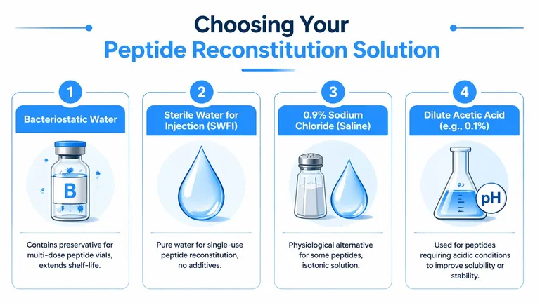 An infographic showing four different types of solutions used for reconstituting peptides for medical use.