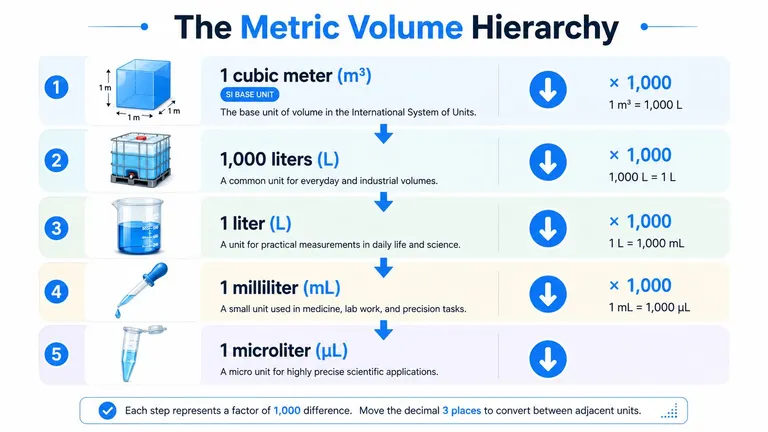 An educational chart explaining the metric volume hierarchy with conversions between cubic meters, liters, milliliters, and microliters.