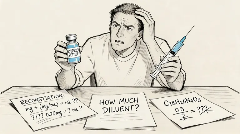 A confused person holding a vial of peptide and a syringe while trying to calculate dosing math.