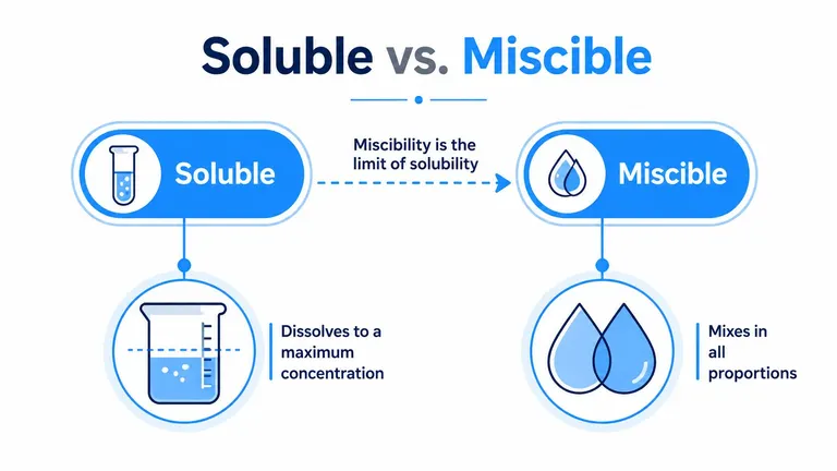 A diagram comparing soluble and miscible properties showing how substances dissolve to a maximum concentration versus mixing entirely.