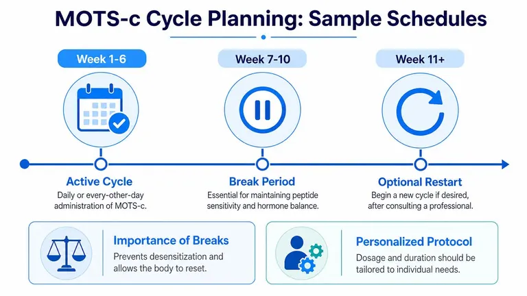 A visual guide outlining a sample MOTS-c cycle plan, including active administration, break periods, and restart guidance.