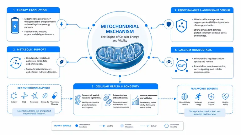 A diagram explaining the mitochondrial mechanism, showing how mitochondrial function impacts energy, metabolism, antioxidant defense, and longevity.