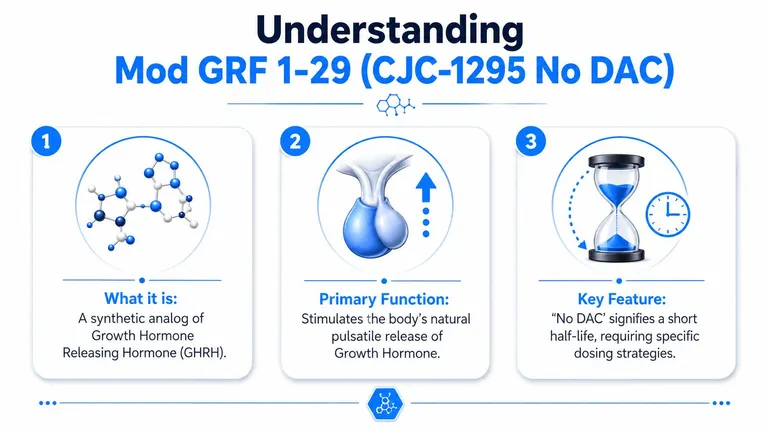 An infographic explaining Mod GRF 1-29, noting it is a synthetic Growth Hormone Releasing Hormone analog.