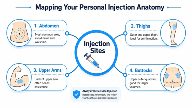 An infographic showing four common anatomical injection sites for self-administered medication, including abdomen, thighs, arms, and buttocks.