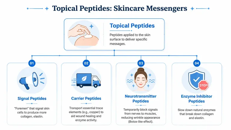 A diagram illustrating the four main types of topical peptides used in skincare and their functions.