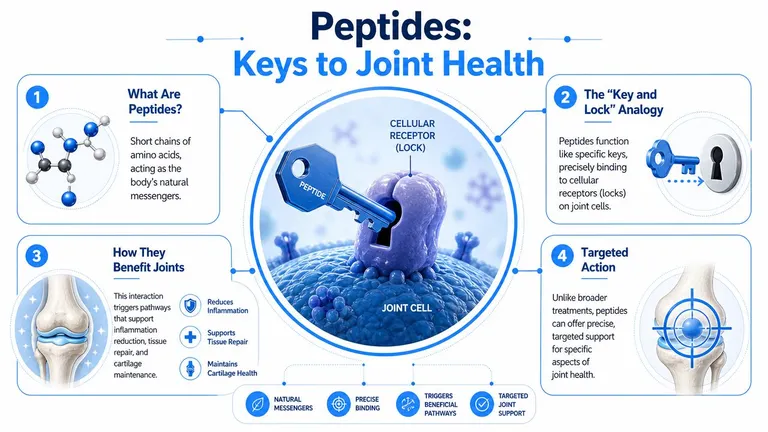 An infographic illustrating how peptides work as keys to improve joint health through targeted cellular interactions.