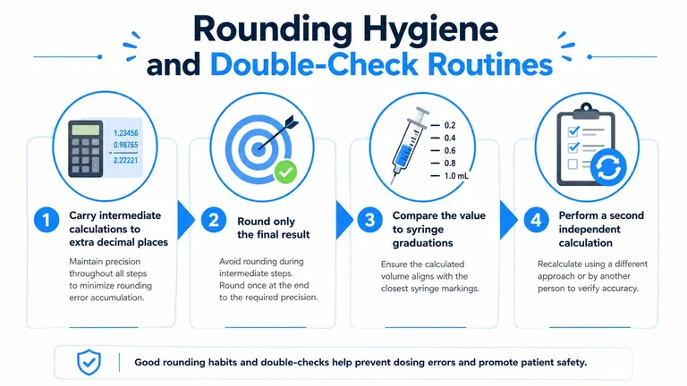 An infographic showing four steps for rounding medical dosage calculations correctly to ensure patient safety.