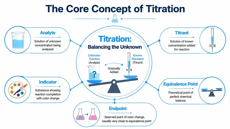 An educational infographic explaining the core concepts of chemical titration including analytes, titrants, indicators, and endpoints.