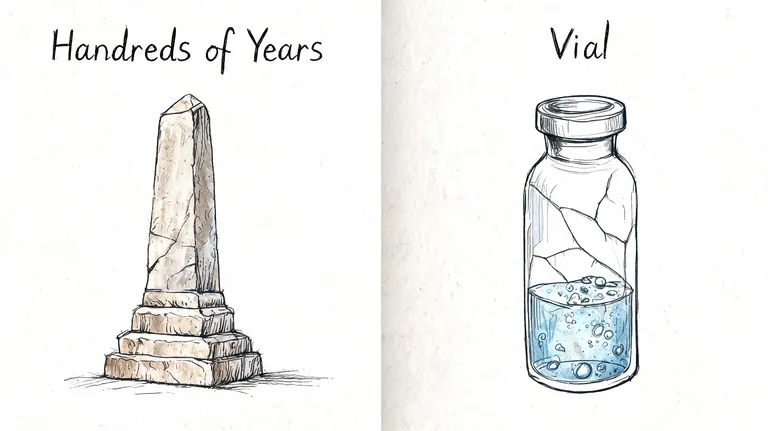 An illustration comparing a weathered stone obelisk labeled Hundreds of Years with a cracked glass vial.