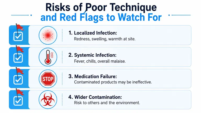 An infographic detailing four clinical red flags of poor sterile technique, including infection and contamination risks.