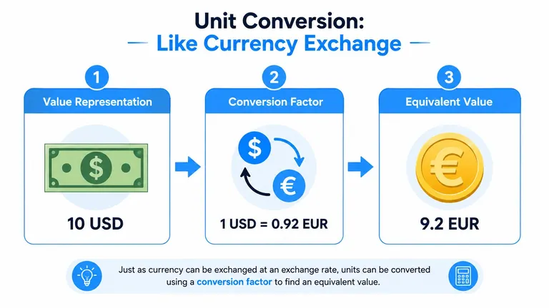 A diagram explaining unit conversion using a currency exchange analogy of converting 10 USD to 9.2 EUR.