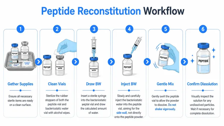 A six-step infographic illustrating the professional workflow for reconstituting peptides using bacteriostatic water and sterile medical supplies.