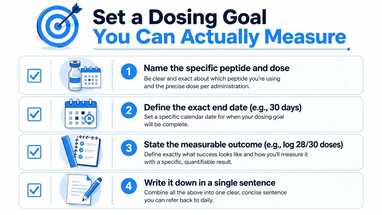 An infographic titled Set a Dosing Goal, listing four numbered steps for planning medication or supplement routines.
