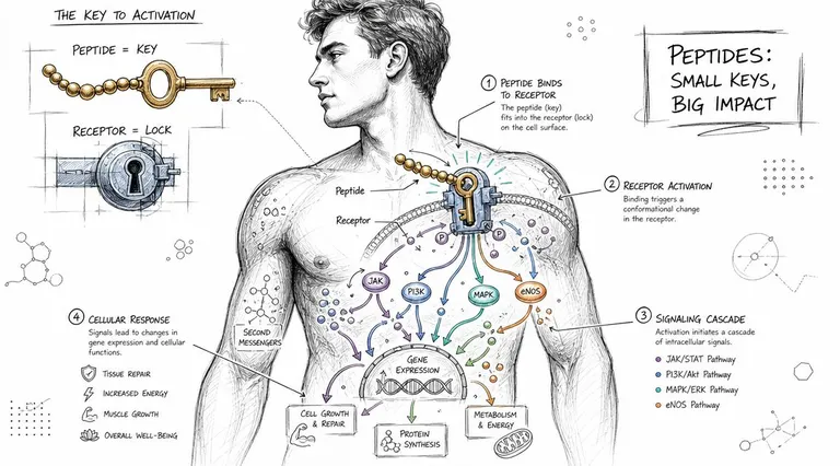 A diagram illustrating how peptides act as keys for cellular receptors to trigger signaling pathways in men.