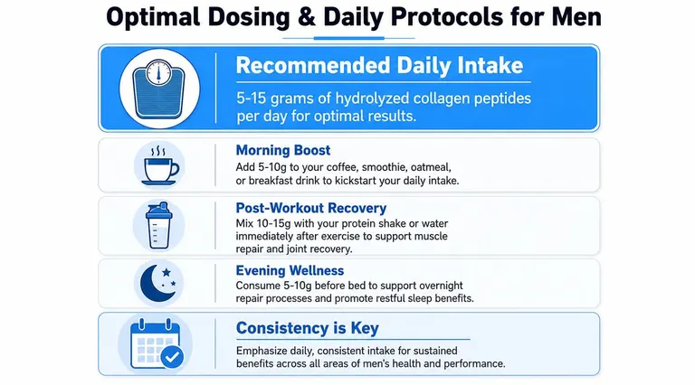 An infographic showing optimal daily dosing and usage protocols for hydrolyzed collagen peptides for men.
