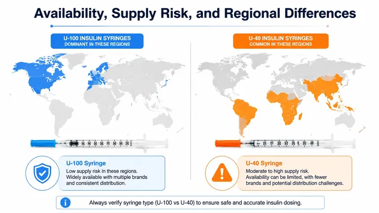 A map illustration comparing U-100 and U-40 insulin syringe availability, supply risks, and global usage regions.