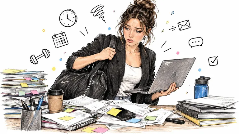 A stressed woman working at a cluttered desk with a laptop, gym bag, and many papers.